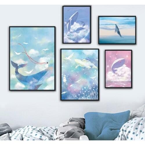 Cartoon Whale Girl Seagull Cloud Blue Sky Nordic Posters And Prints Wall Art Canvas Painting Wall Pictures For Kids Room Decor