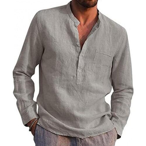 New 2021 Men Solid Color V Neck Long Sleeve Button Pocket T-shirt Top Polyester Shirt