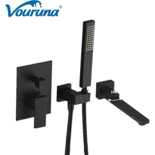 VOURUNA Wall Mounted Swivel Tub Filler Bathtub Mixer Tap Faucet with Hand Shower in Solid Black