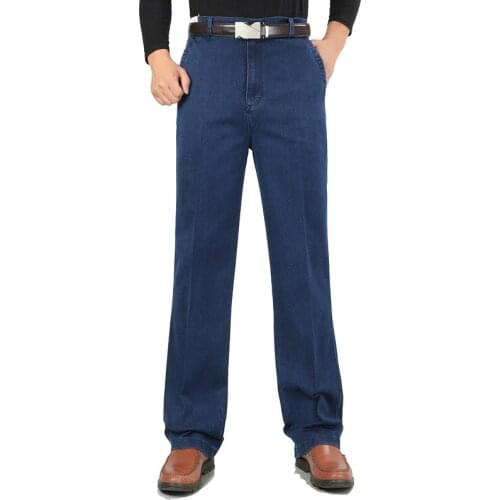 Autumn Winter High waist stretch Solid cotton business casual denim Trousers thick men jeans wash wear loose straight long Jeans
