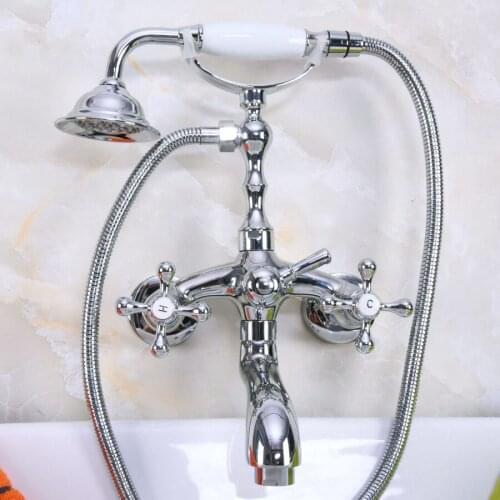 Polished Chrome Brass Double Cross Handles Wall Mounted Bathroom Clawfoot Bathtub Tub Faucet Mixer Tap w/Hand Shower ana200