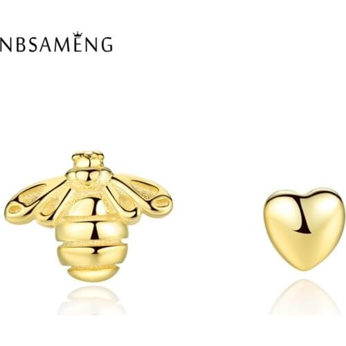 NBSAMENG 100% 925 Sterling Silver Earring Golden Heart And Bee Stud Earrings For Women Wedding Gift DIY Jewelry Prevent allergy