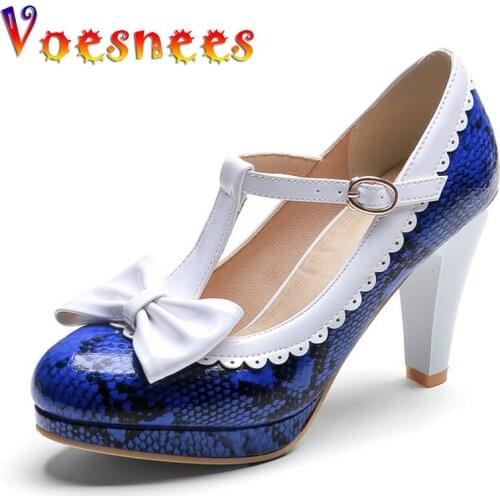 Women Pumps Shoes New Thick Heel Shallow Mouth Snake Pattern High Heel Shoes Sweet Bow T Button Round Head Women Shoes Big Size