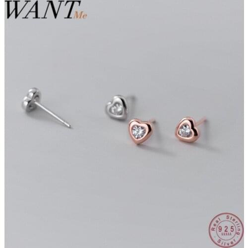 WANTME Genuine 925 Sterling Silver Shiny Zircon Sweet Romantic Love Heart Stud Earrings for Women Party Engagement Jewelry Gift