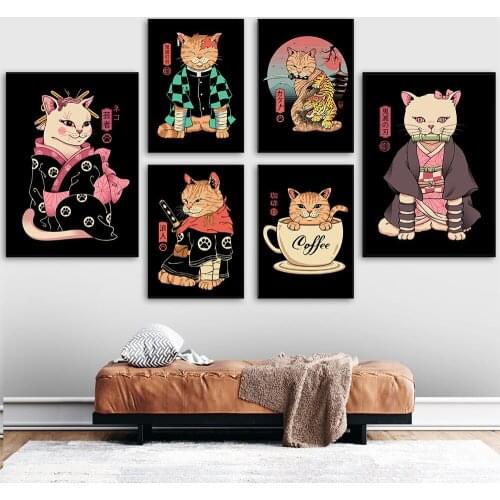 Japanese Demon Cat Girl Art Poster Cartoon Samurai Neko Geisha Cat Coffee Print Retro Canvas Painting Kidroom Home Decor Picture