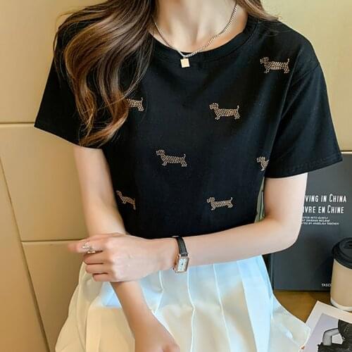 Tee Shirt Femme T Shirt Women Diamonds T-shirt Cotton Woman Clothes Korean Fashion Tshirt 2021 Casual Short Sleeve Summer Tops