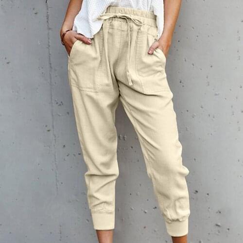 2021 Womens New Cotton Linen Casual Pants Solid Color Ankle-Length Pants Loose Pocket Harem Bottoms Pants Streetwear Women