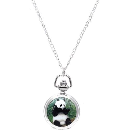 Lady Locket Pendant Quartz Pocket Watch Necklace Chain Silver Dial Vintage Panda