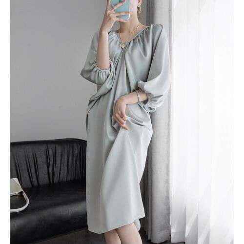 Johnature 2021 New Elegant French Batwing Women Dresses Summer Backless Loose Solid Color V-neck Female Dress
