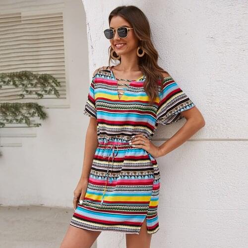 Short Sleeve Vestido Striped Woman Dress Casual Summer Dress Rainbow Dress Woman