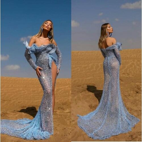 Unique Design Sparkly Mermaid Evening Dresses Off Shoulder Long Sleeve High Split Long Formal Dress Sequins Runway Fashion Gowns