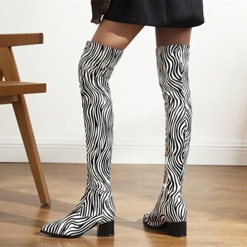 2021 Winter Fashion Ladys Boots Long Sexy Zebra Print Thigh High Boots Heeled Shoes 4.5 cm Chunky Custom Available Big Size 47