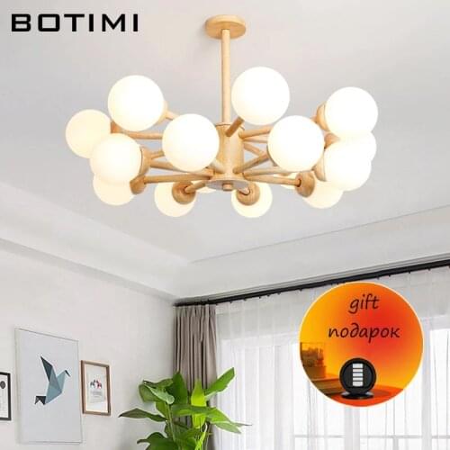 BOTIMI Solid Wood Chandelier For Living Room Glass Lampshades LED Chandelier Lighting Lustre Para Sala De Jantar Hotel Hall Lamp