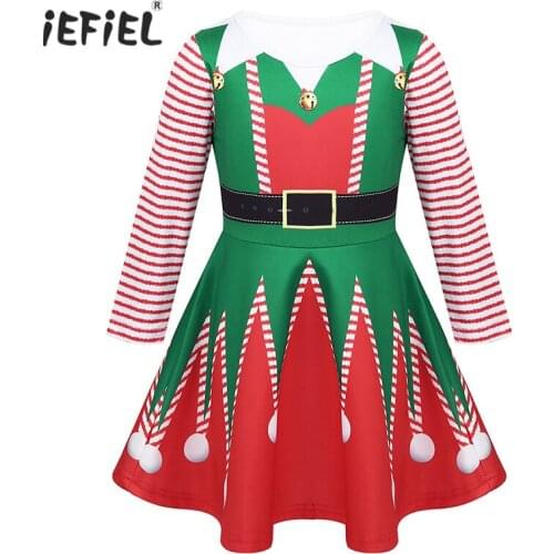 Kids Girls Striped Long Sleeves Digital Printed Pull-On A-Line Swing Christmas Fairy Spirit Costume Dress for Xmas Holiday Party