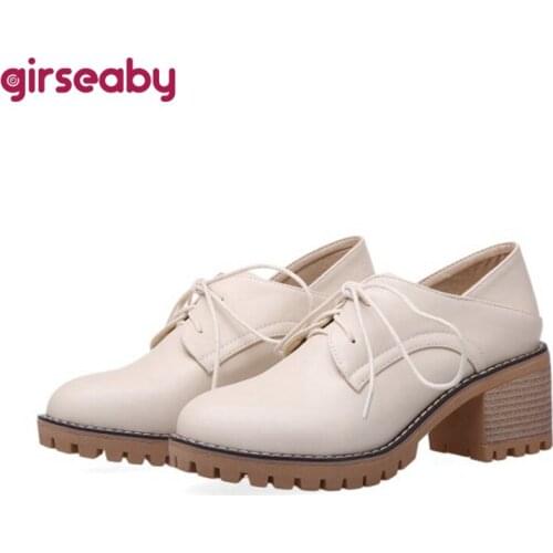 Girseaby 2021 Retro Ladies Pumps Platforms Stepped On Lace Up Breathable Round Toe 5CM Chunky Heel Shoes US12 Black Beige A4399