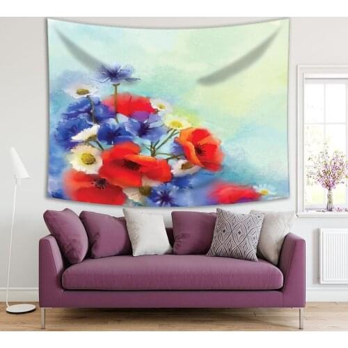 Tapestry Poppy Flowers 65-73f Daisies Spring Floral Season Nature Theme Art Blue Red White