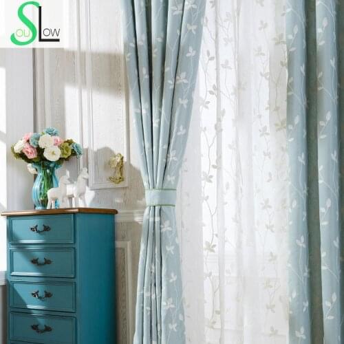 Slow Soul Cotton Embroidered Curtains Light Blue White Leaves Window Sheer Drapes Living Room Leafs Pastoral Curtain Tulle