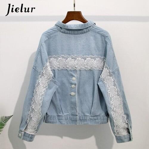Jielur Autumn Jeans Jacket Coat Women Mesh Lace Decal Porket Button Fashion Elegant Korean Blue Grace Winter Girl Coat New 2020
