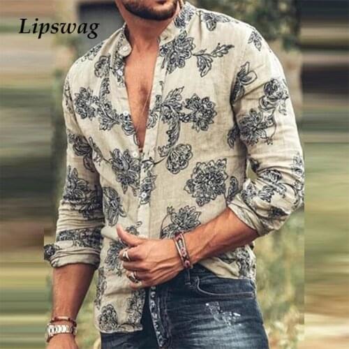 Spring Autumn Fashion Mens Long Sleeve Shirts Casual Turn-down Collar Buttoned Shirt Men Vintage Floral Printing Buttoned Tops