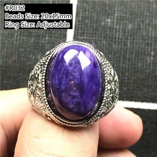 20x15mm Natural Purple Charoite Ring For Man Crystal Gift Silver Oval Beads Fine Jewelry Gemstone Adjustable Size Ring AAAAA