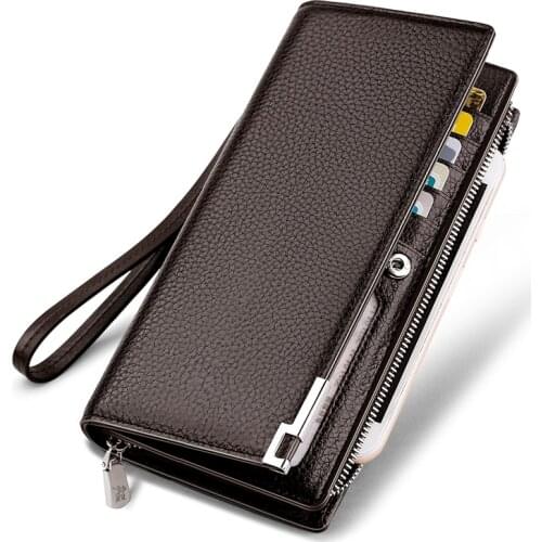 Genuine Leather Clutch Bag Wallet Long Men Phone Purse Business Card Holder Zipper&Hasp High Quality Brand Large capacity 2020