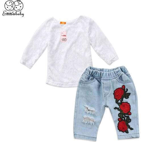 New arrival kid fashion clothes set Toddler Kids Baby Girls white Lace Tops Shirt 3D Flower hole Denim Pants Outfit Set Clothes