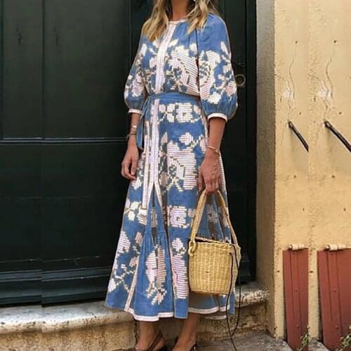 Autumn Fashion Floral Print Party Dress Women Harajuku Casual Ladies Long Dresses Elegant O Neck 3/4 Sleeve Loose Pullover Dress