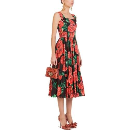 S-XL high quality 2020 summer new fashion red leaves printed tube top strap delicate button stitching slim woman dress