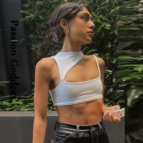 Sexy Women Irregular Cut Out Crop Tops Summer Streetwear Slim One-shoulder Tank Vest Bustiers Black White Hollow Out Cropped Top