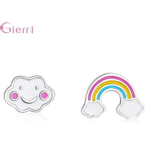 Sweet 925 Sterling Silver Asymmetric Cloud Rainbow Girl Candy Color Stud Earrings Friend Girl Lady Cute Jewelry Earing Set