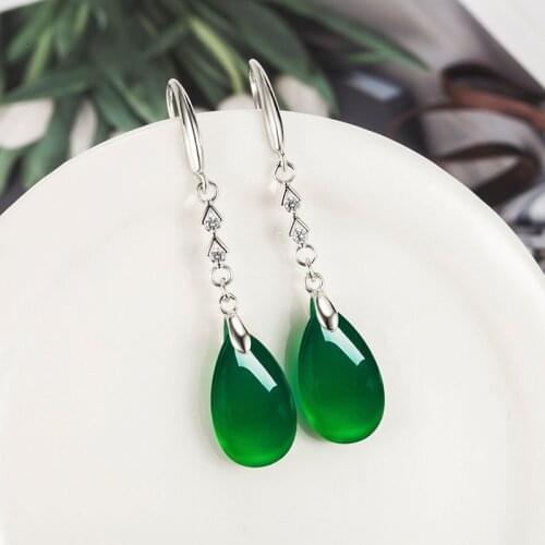 National Fashion Green Agate Long Drop Earrings for Women 925 Silver Ethnic Vintage Wedding Party Jewelry Luxury with Box Gifts