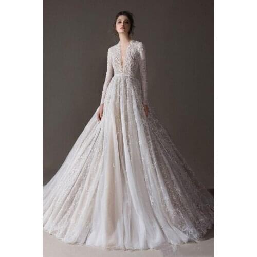 Ersa Atelier Wedding Dresses V Neck A Line Hollow Back Long Sleeve Vestidos De Novia Bohemian Wedding Gowns Beach Bridal Dress