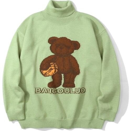 Hip Hop Turtleneck Sweaters Streetwear Men Teddy Bear Pattern Harajuku Retro Cotton Oversize Pullover Autumn Fashion Sweaters