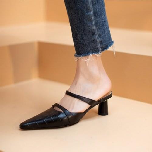 Pointed Toe Women Mule Shoes Shallow Black Leather Summer Slippers 6cm High Heels Office Lady Sandalias Prom Party Pumps Sapatos
