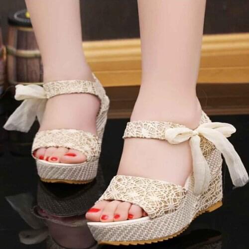 Shoes Women Summer New Sweet Flowers Buckle Open Toe Wedge Sandals Floral High-heeled Shoes Platform Sandals