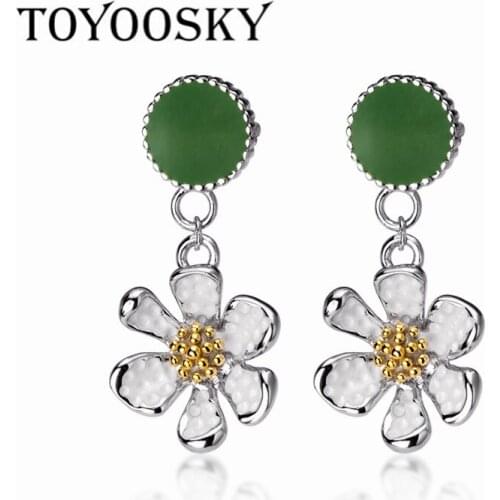 Elegant 925 Sterling Silver Round Green Flower Drop Earrings for Women Contracted Silver Ear Jewelry