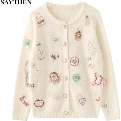SAYTHEN High Quality Beaded Colorblock Pattern Ladies Sweater Round Neck Long Sleeve Beading Loose Womens Clothing 2021 New
