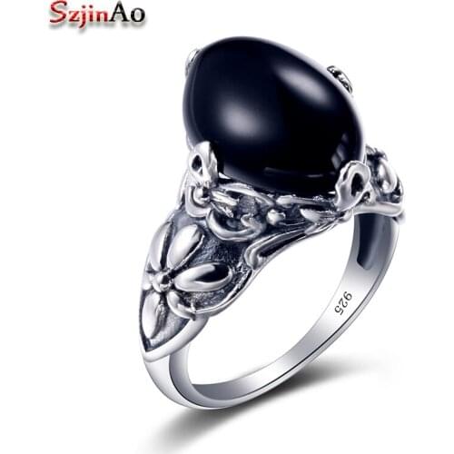 Szjinao Women Charm Black Agate Ring Viking sterling-silver-jewelry 925 Silver Jewelry bague femme de marque de luxe