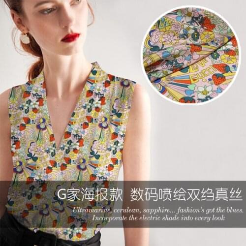 110cm wide silk fabric for dress14mm breathable crepe de chine silk fabric dress strawberry printed fabric wholesale silk cloth