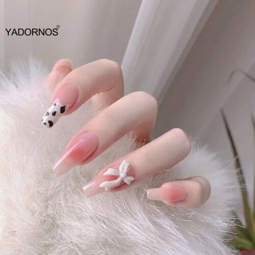 24pcs Fake Acrylic Nails Bow Nail Patch Glue Type Removable Long Paragraph Fashion Manicure Save Time False Nail Patch Ty