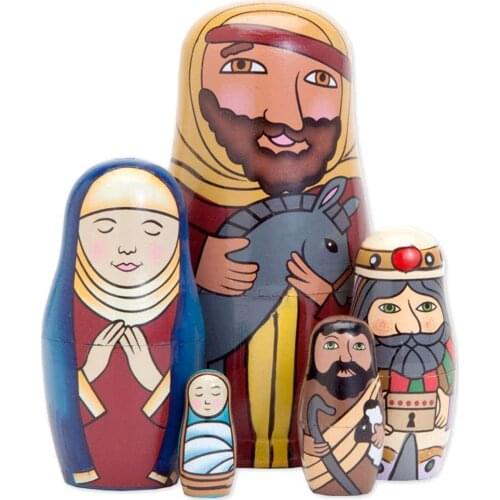 5Pcs/Set Hand Painted Nativity Family Wooden Nesting Dolls Matryoshka Kids Craft Toy Gift