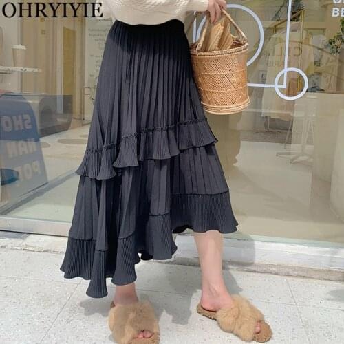 OHRYIYIE Midi Long Skirts Womens Spring Summer Irregular Pleated Skirt Female Ruffle All-Match A-Line Skirt Faldas Jupe Femme