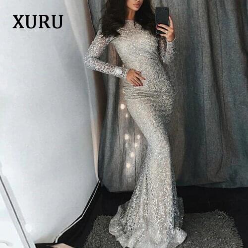 XURU new hot womens sequin dress silver round long-sleeved bag hip dress bohemian style mermaid dress