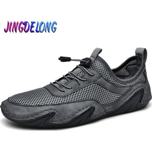 Summer Mens Casual Shoes Genuine Leather Mesh Breathable Mens Sneakers Leather Outdoor Mens Moccasins Plus Size Hot Sale
