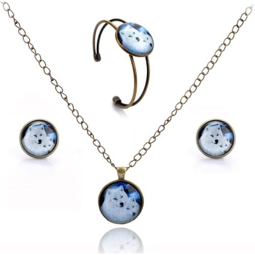 Lureme Fashion Time Gem Series Glass Charm Stud Earrings Open Bangle Bracelet and Pendant Necklace Party Jewelry Sets for womens