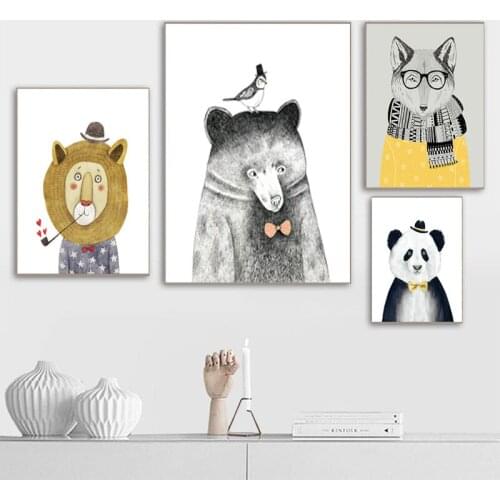 Cartoon Animal Bear Lion Panda Poster Minimalism Nordic Art Canvas Painting Pictures Modern Children Room Wall Decor