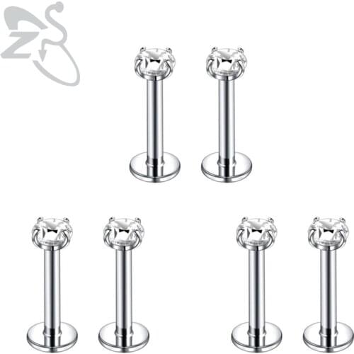 ZS 6 Pcs/Lot 16G Stainless Steel Labret Lip Piercing Set 3/4/5/6MM CZ Crystal Ear Cartilage Tragus Helix Conch Piercings Jewelry