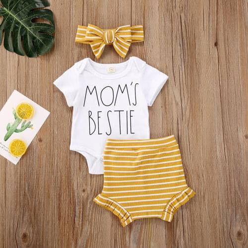 0-18M Infant Baby Girl Boy Clothes 3pcs Letter Print White Short Sleeve Romper Tops+Striped/Leopard Shorts Baby Cotton Set