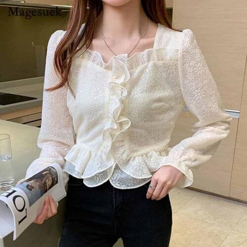 2020 Autumn New Fashion Ruffle Stitching All-match Apricot Blouse Women Square Collar Sweet Flowers White Pullover Shirt 12053