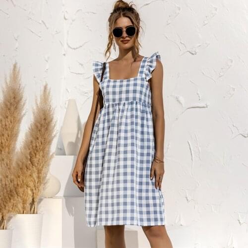 Women Casual Dress Ruffles Sleeveless Plaid Square Neck Loose Midi Dress Fashion Black Blue Oversized Dresses Woman Summer 2021